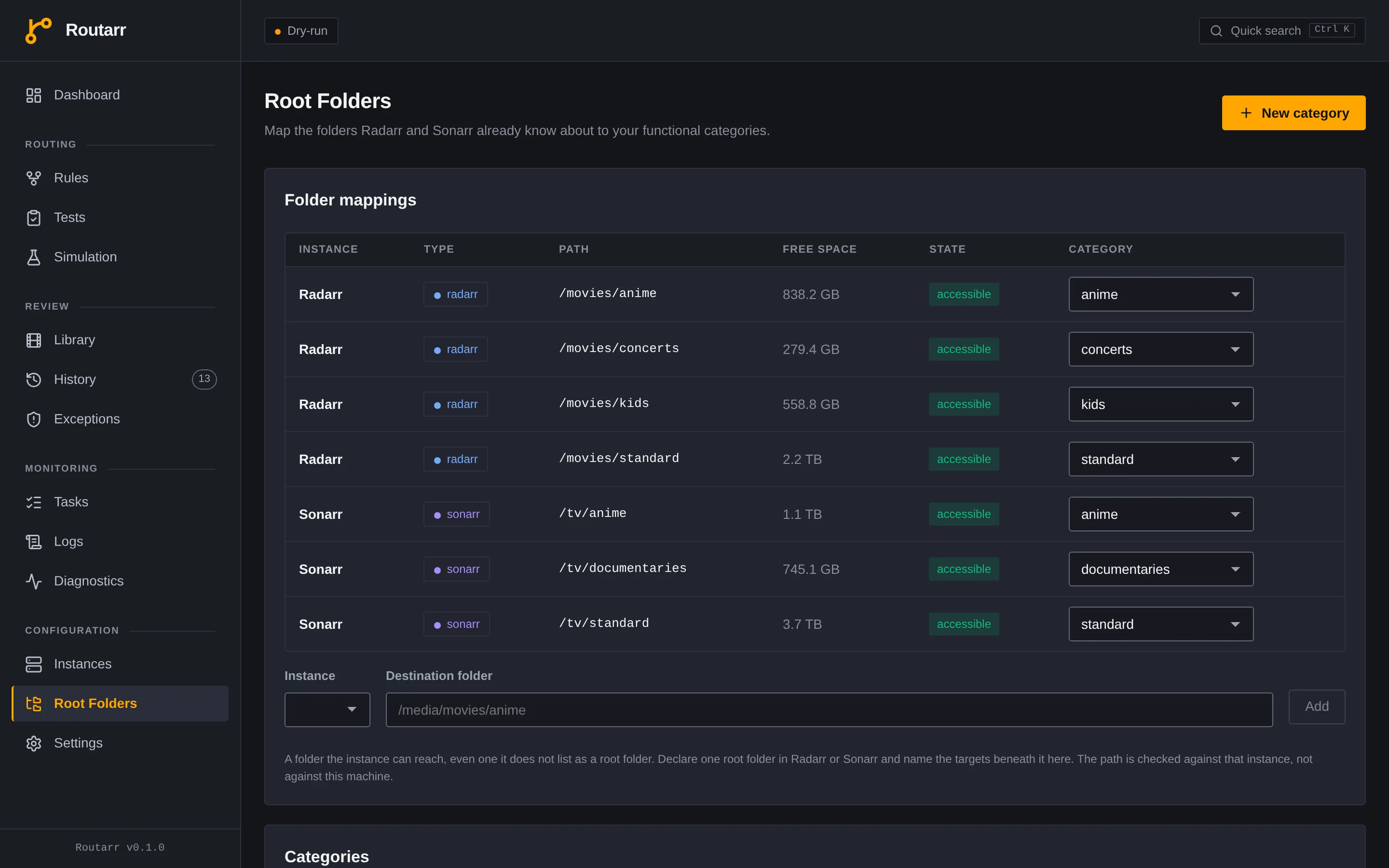 The root folders screen: seven folders across Radarr and Sonarr, each showing its path, free space, accessible state and the category it is mapped to.